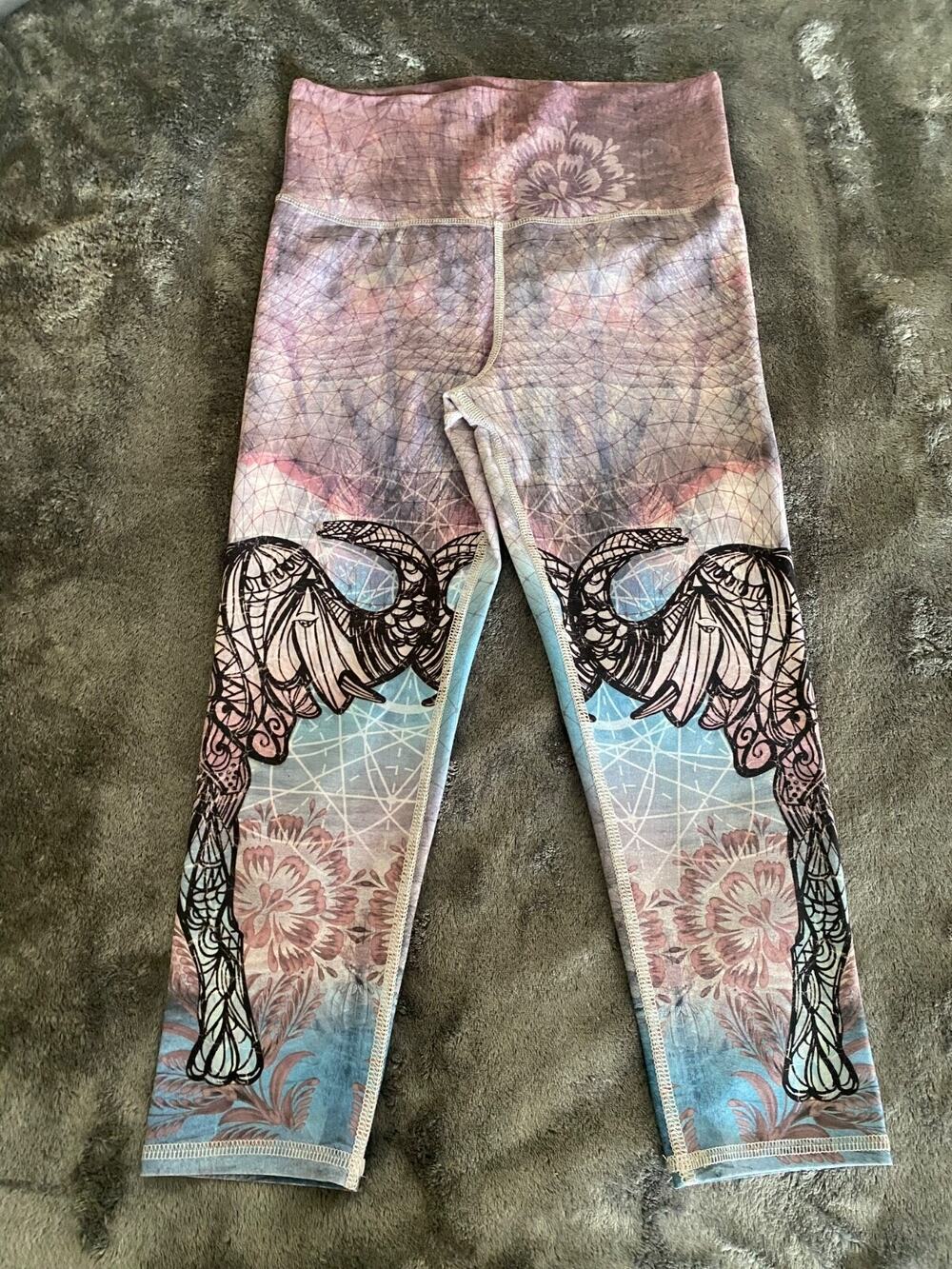EVOLUTION & CREATION Active Yoga Legging Pants Elephant Print Purple Black M